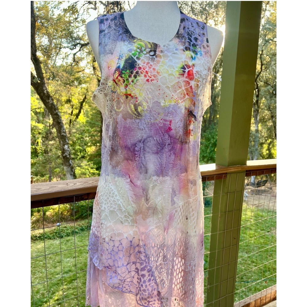 Kamana Women M Purple Watercolor Lace Mesh Sleeveless Fairy Romantic Dress